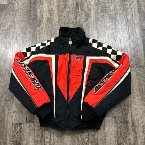 Vintage Arctic Cat Snowmobile Racing Jacket Zip Out Liner Thinsulate Checkered - Picture 1 of 5